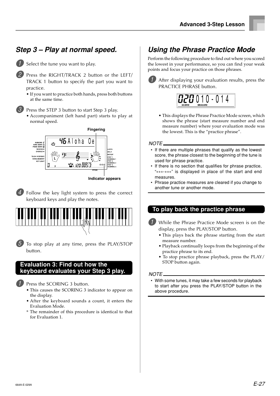 Step 3 – play at normal speed, Using the phrase practice mode | Casio LK300TV User Manual | Page 29 / 74