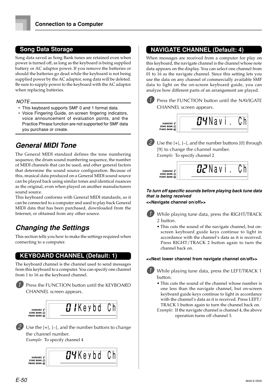 B d c h, General midi tone, Changing the settings | Casio LK300TV User Manual | Page 52 / 74