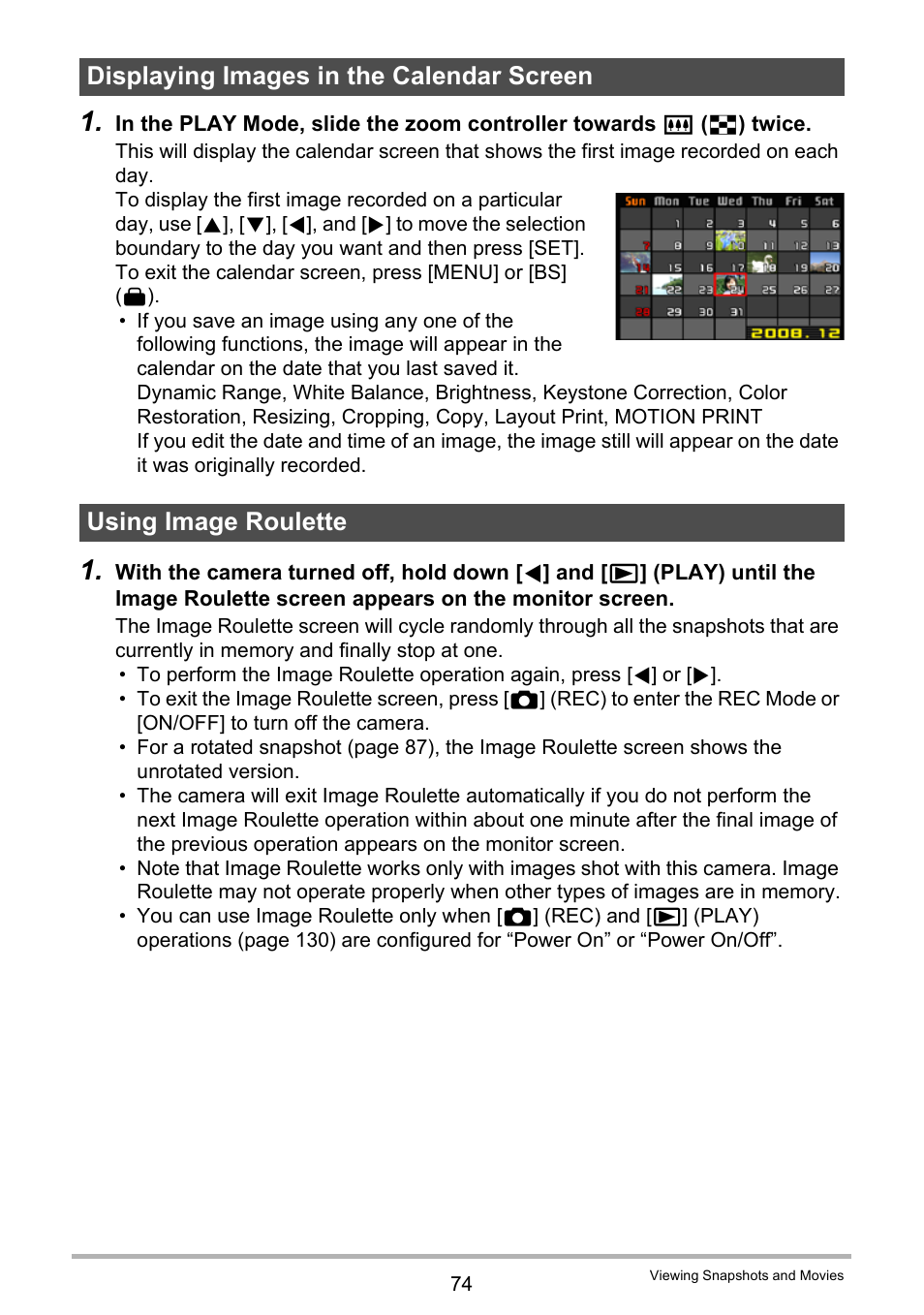 Displaying images in the calendar screen, Using image roulette | Casio EXILIM K1100PCM1DMX User Manual | Page 74 / 167