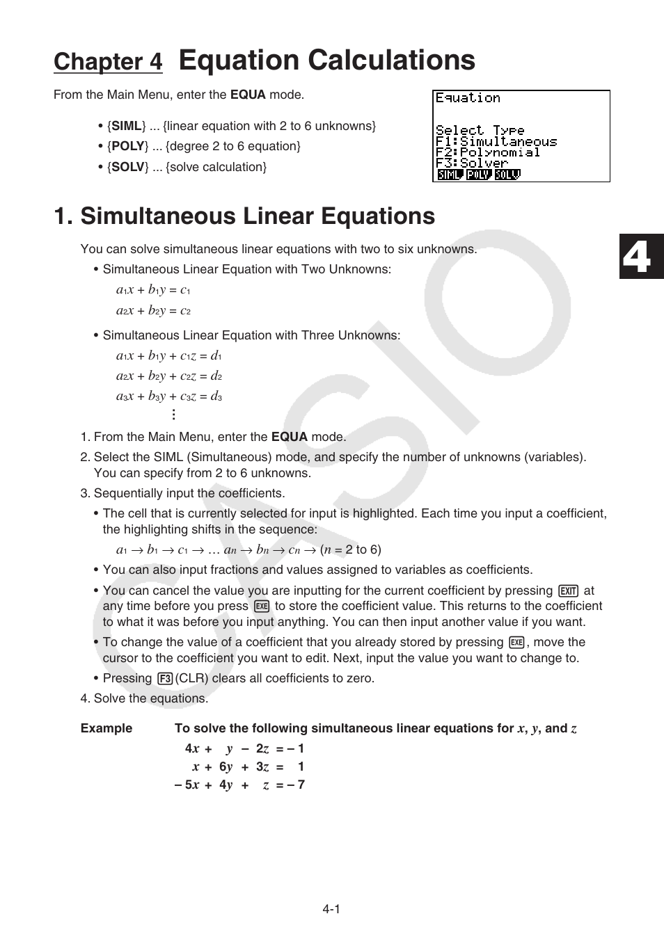 Chapter 4 equation calculations, Simultaneous linear equations, Simultaneous linear equations -1 | Equation calculations, Chapter 4 | Casio FX-9750GII User Manual | Page 103 / 402