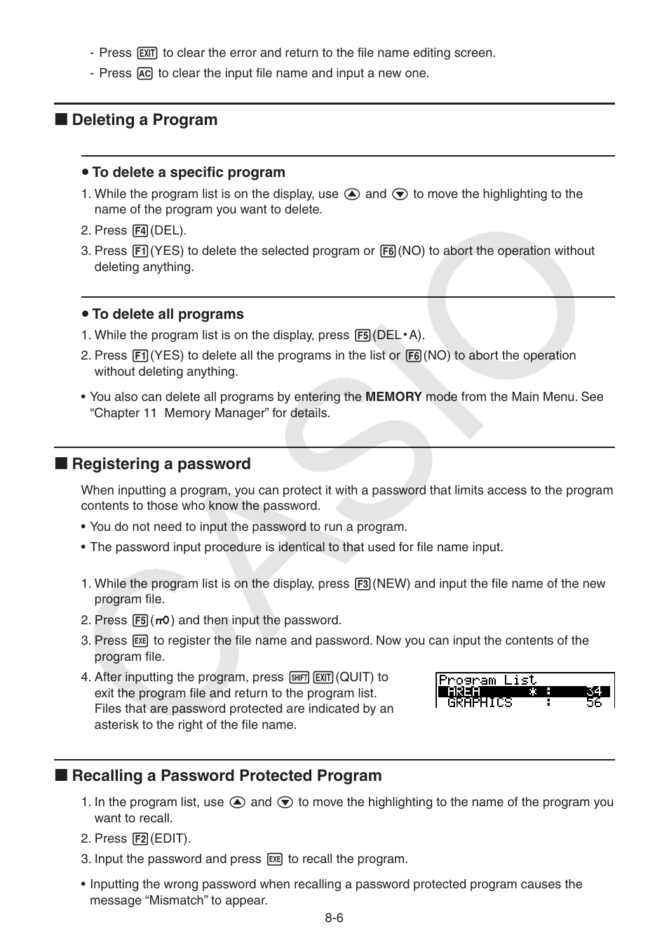 I deleting a program, I registering a password, I recalling a password protected program | Casio FX-9750GII User Manual | Page 217 / 402