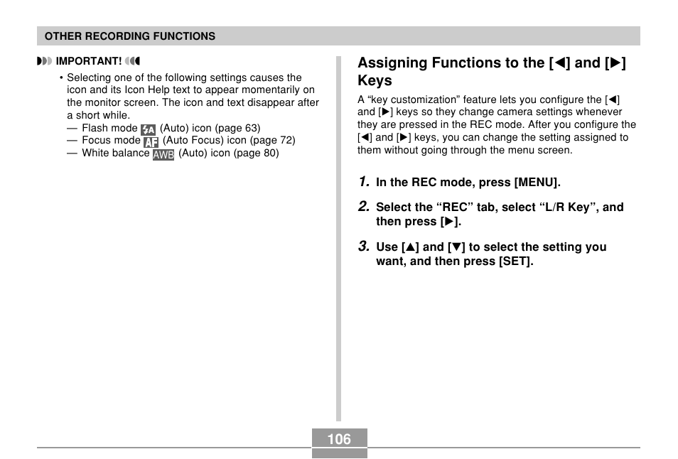 Assigning functions to the [<] and [>] keys, Assigning functions to the [ ̇ ] and [ ̈ ] keys | Casio QV-R61 User Manual | Page 106 / 210