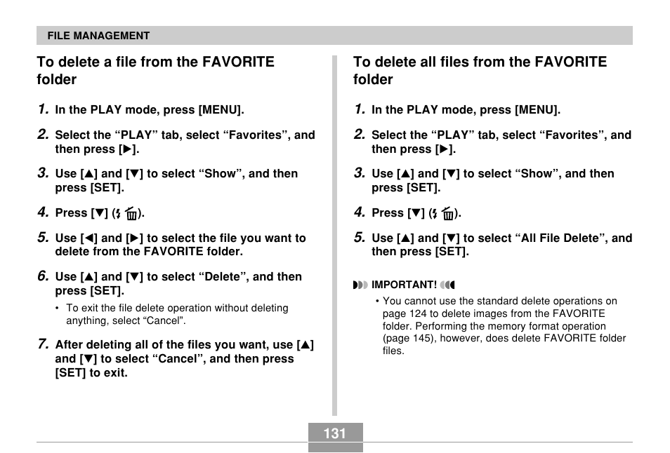 To delete a file from the favorite folder, To delete all files from the favorite folder | Casio QV-R61 User Manual | Page 131 / 210