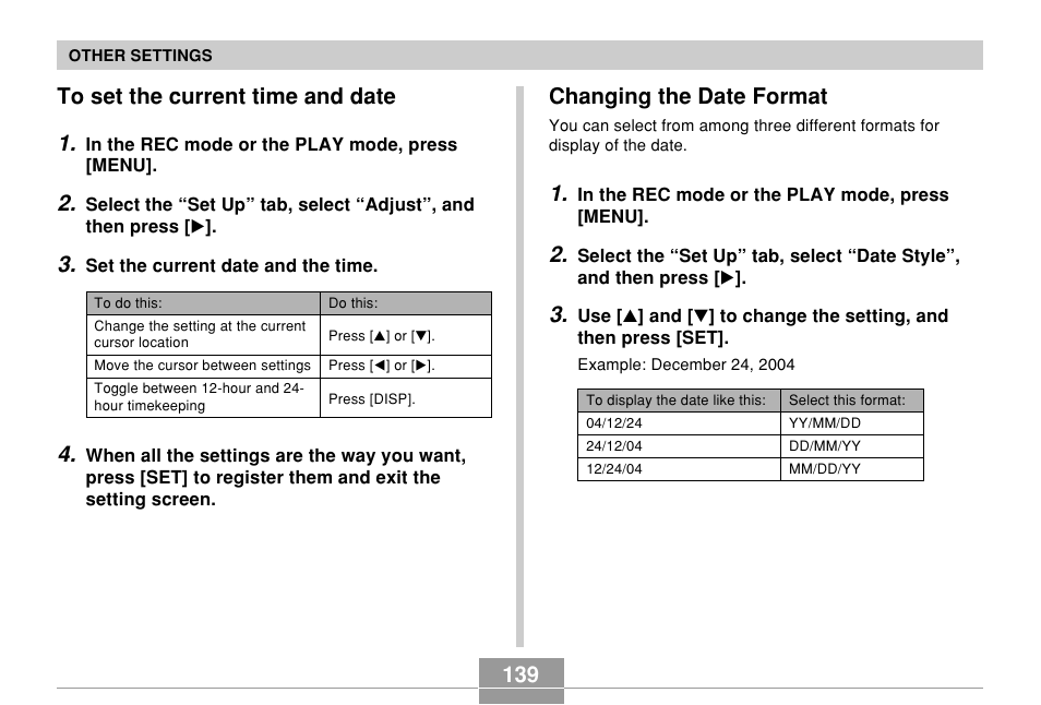 To set the current time and date, Changing the date format, 139 changing the date format | Casio QV-R61 User Manual | Page 139 / 210