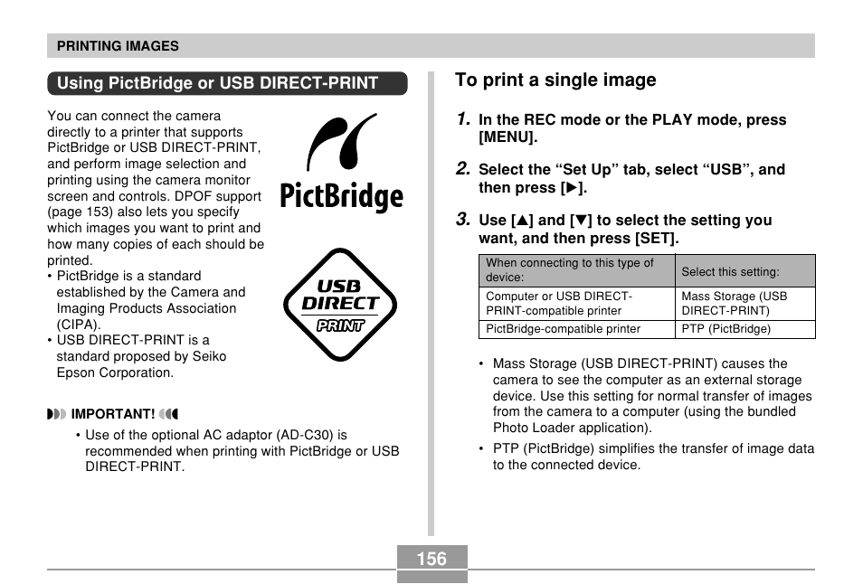 Using pictbridge or usb direct-print, To print a single image, 156 to print a single image 1 | Casio QV-R61 User Manual | Page 156 / 210