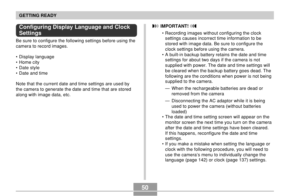 Configuring display language and clock settings | Casio QV-R61 User Manual | Page 50 / 210