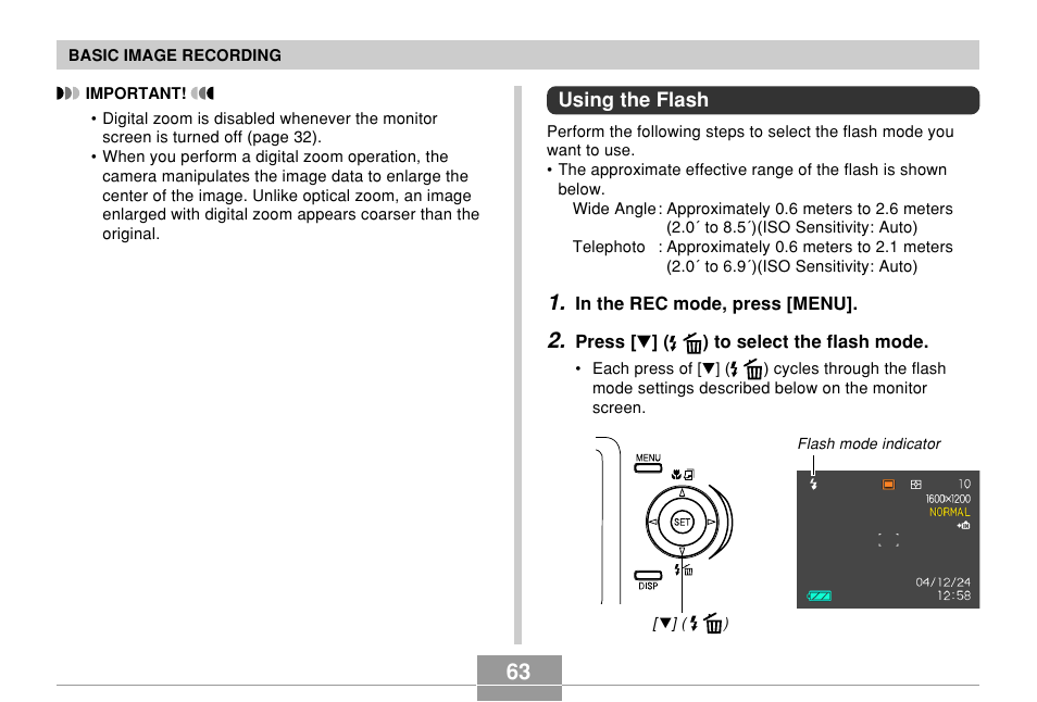 Using the flash | Casio QV-R61 User Manual | Page 63 / 210