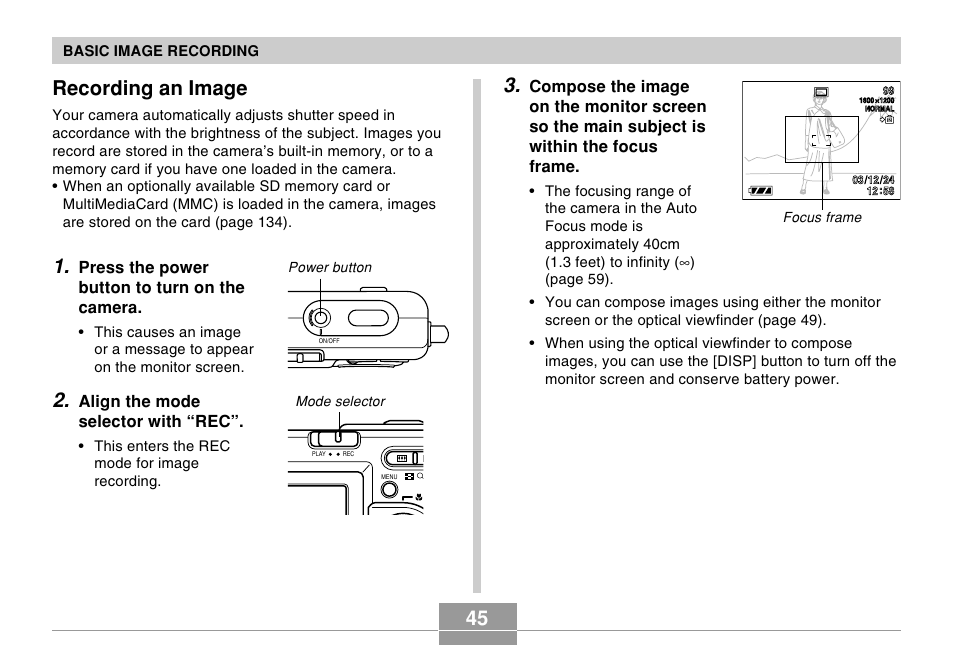 Recording an image, Press the power button to turn on the camera, Align the mode selector with “rec | Casio EX-Z4 User Manual | Page 45 / 58