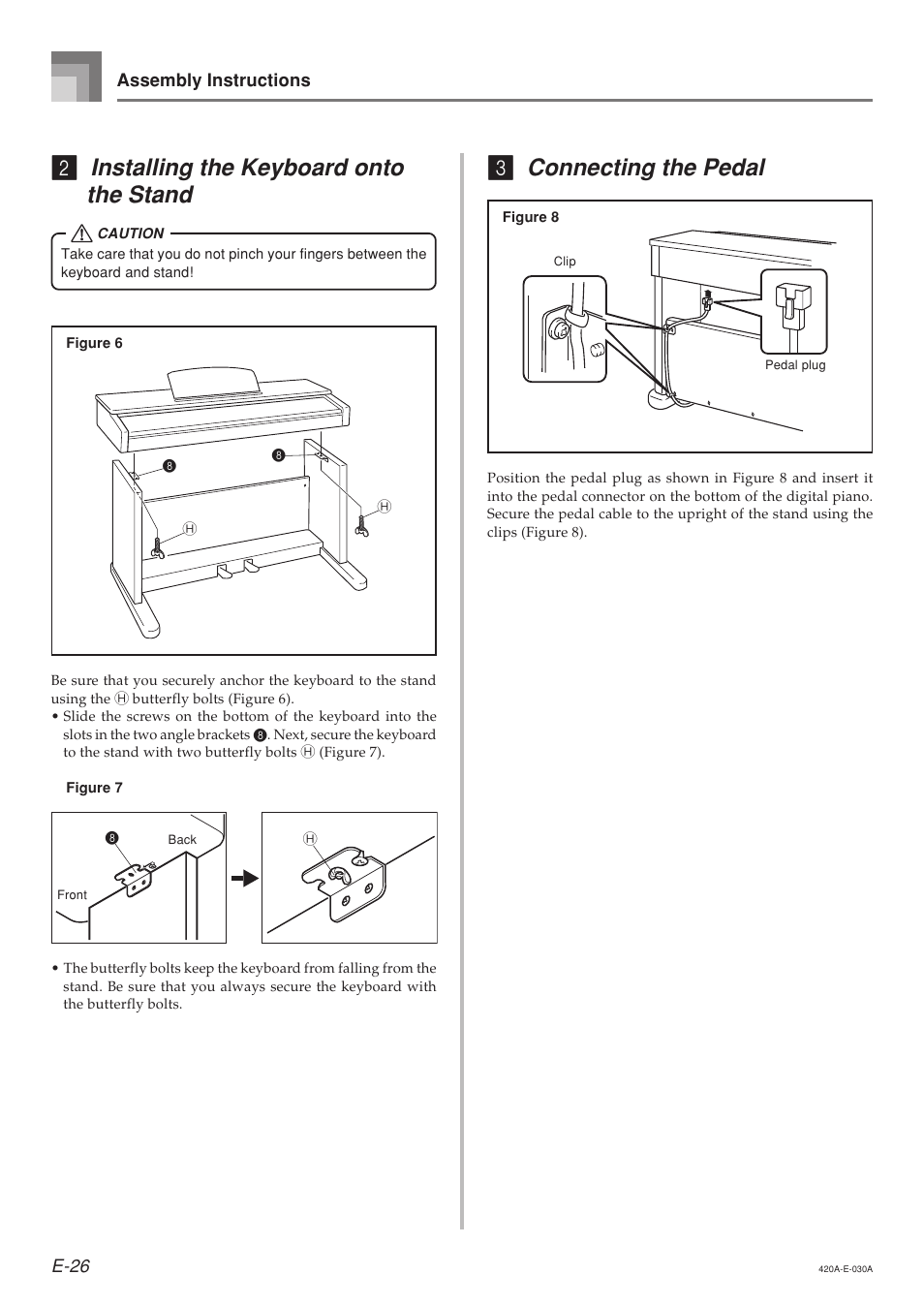 Installing the keyboard onto the stand, Connecting the pedal | Casio AP-24 User Manual | Page 30 / 36