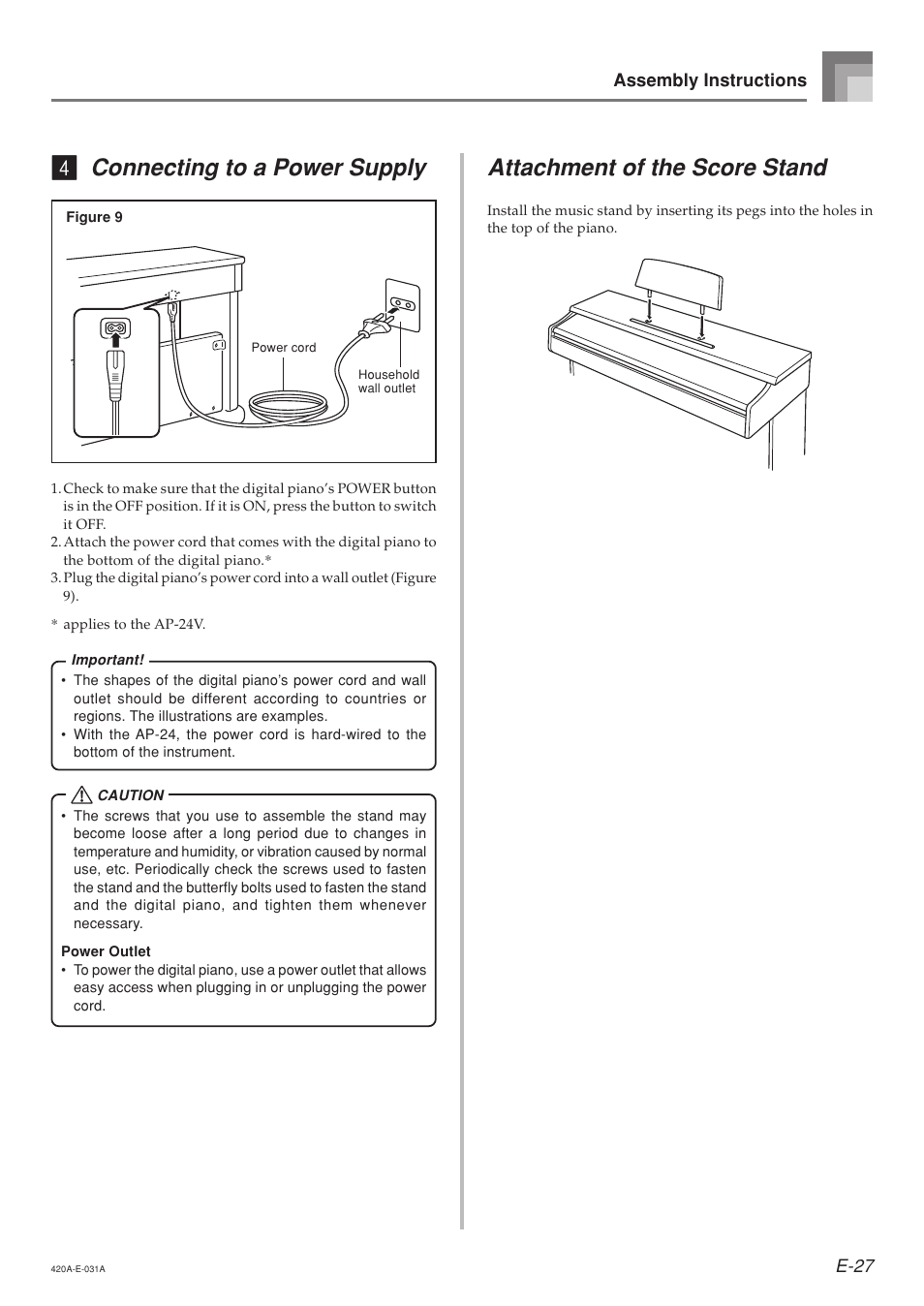 Connecting to a power supply, Attachment of the score stand | Casio AP-24 User Manual | Page 31 / 36