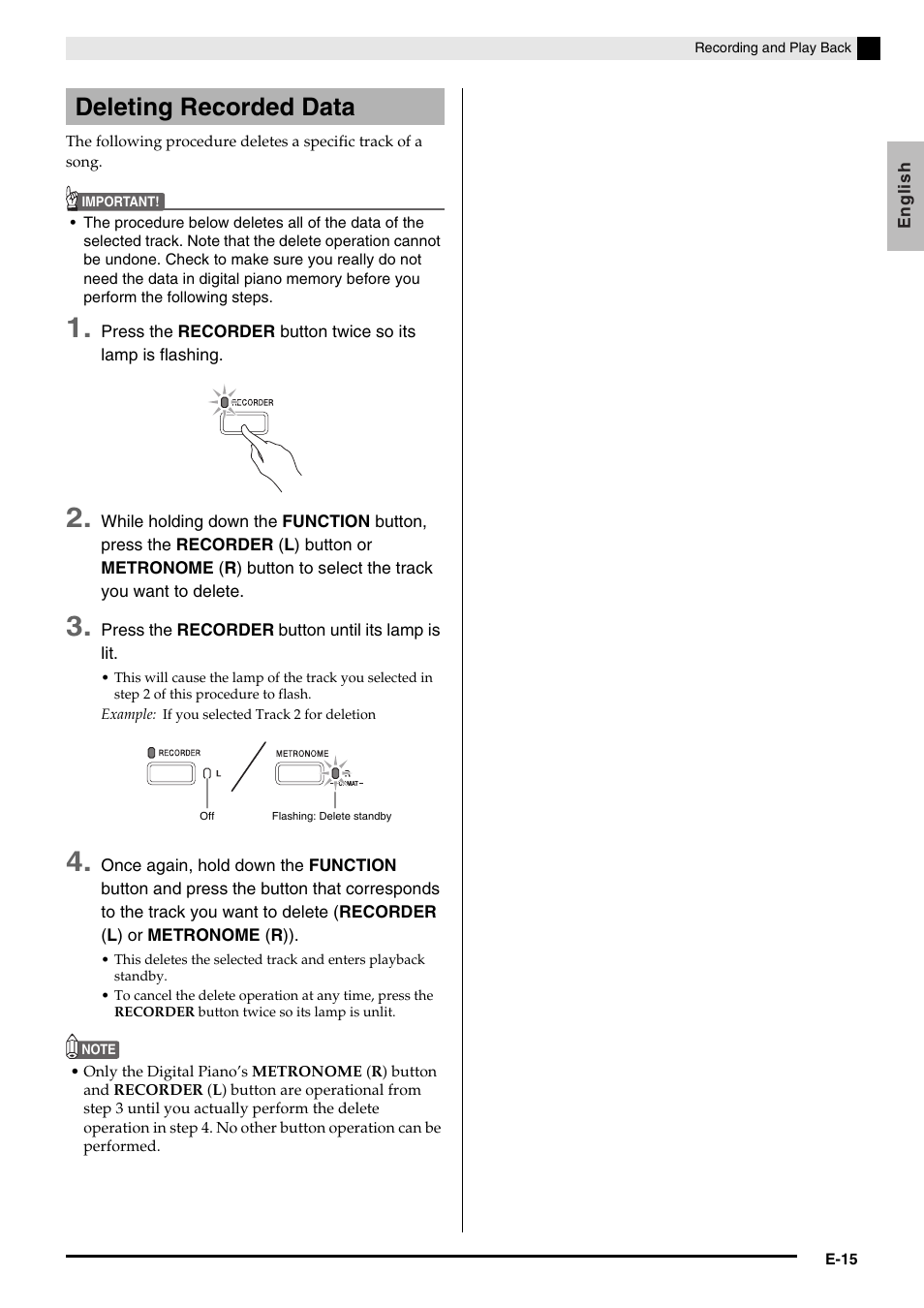 Deleting recorded data | Casio AP420ES1B User Manual | Page 17 / 46