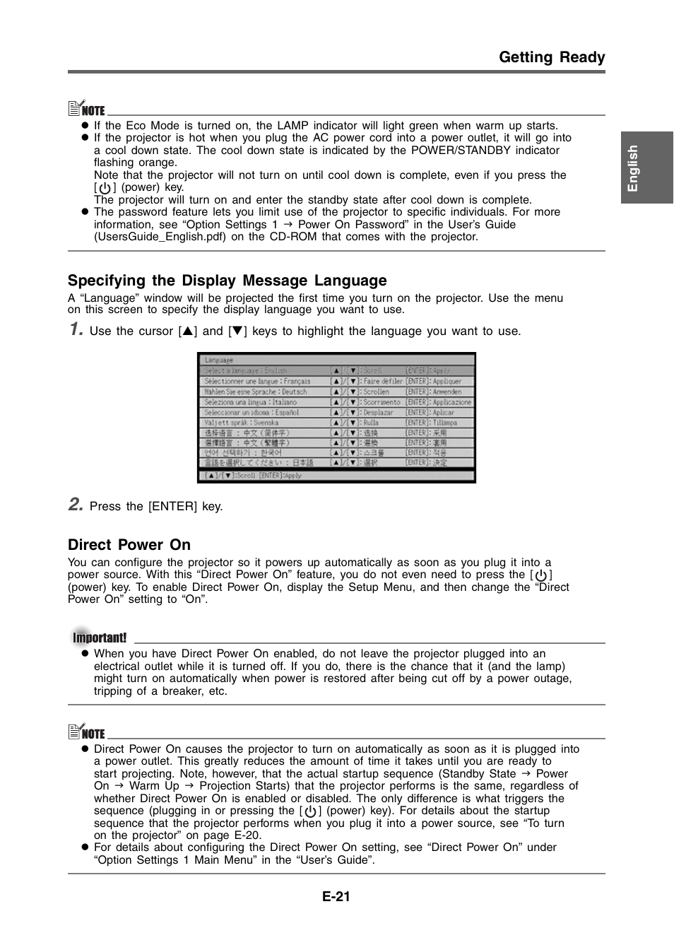 Getting ready, Specifying the display message language, Direct power on | Casio XJ-S36  EN User Manual | Page 21 / 40