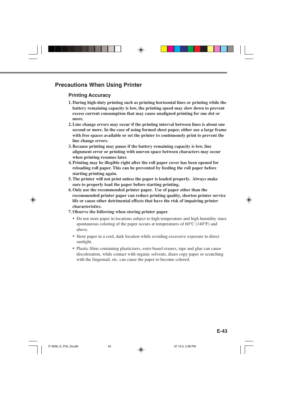 Precautions when using printer | Casio IT-3000 User Manual | Page 45 / 79