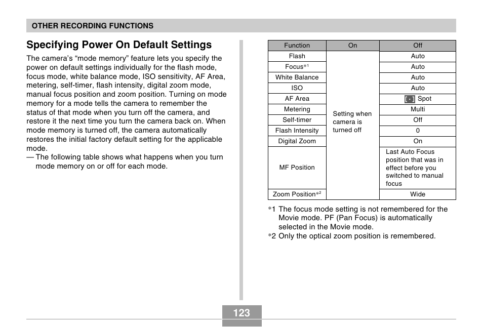 Specifying power on default settings | Casio EX-Z750 User Manual | Page 123 / 250