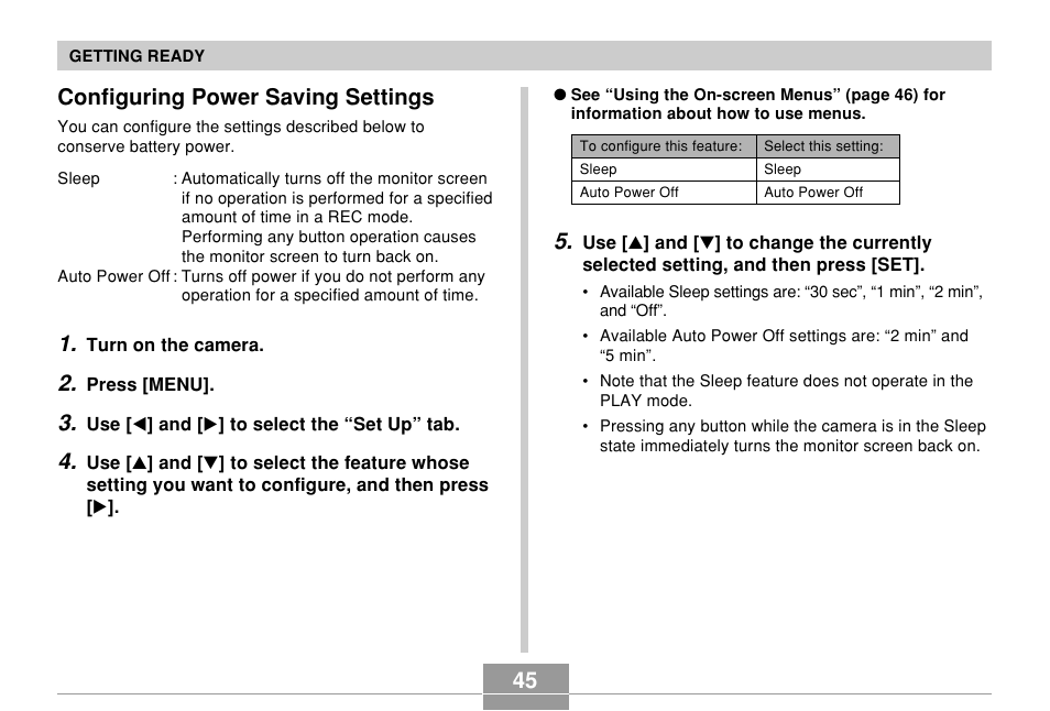 Configuring power saving settings | Casio EX-Z750 User Manual | Page 45 / 250