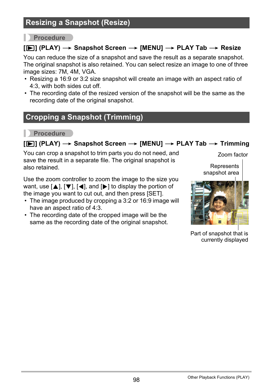 Resizing a snapshot (resize), Cropping a snapshot (trimming) | Casio EXILIM EX-Z300 User Manual | Page 98 / 170