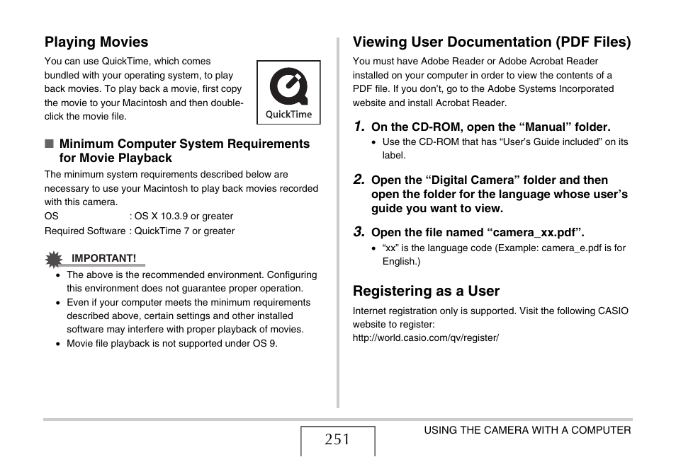 Playing movies, Viewing user documentation (pdf files), Registering as a user | Casio EX-S880 User Manual | Page 251 / 293