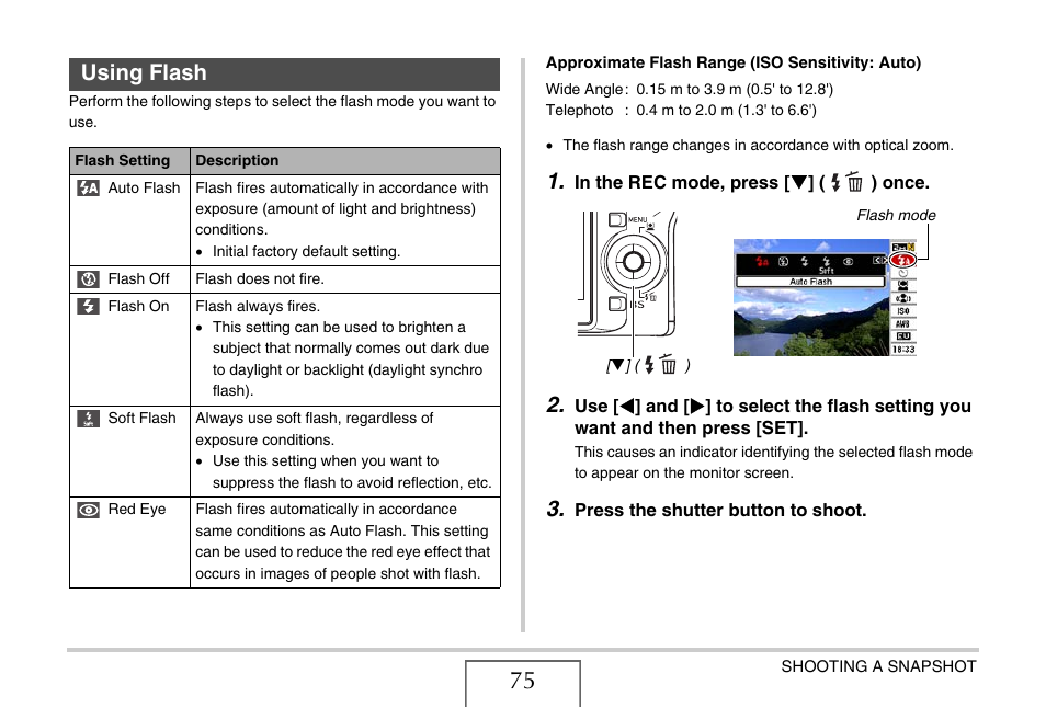 Using flash, E 75 | Casio EX-S880 User Manual | Page 75 / 293