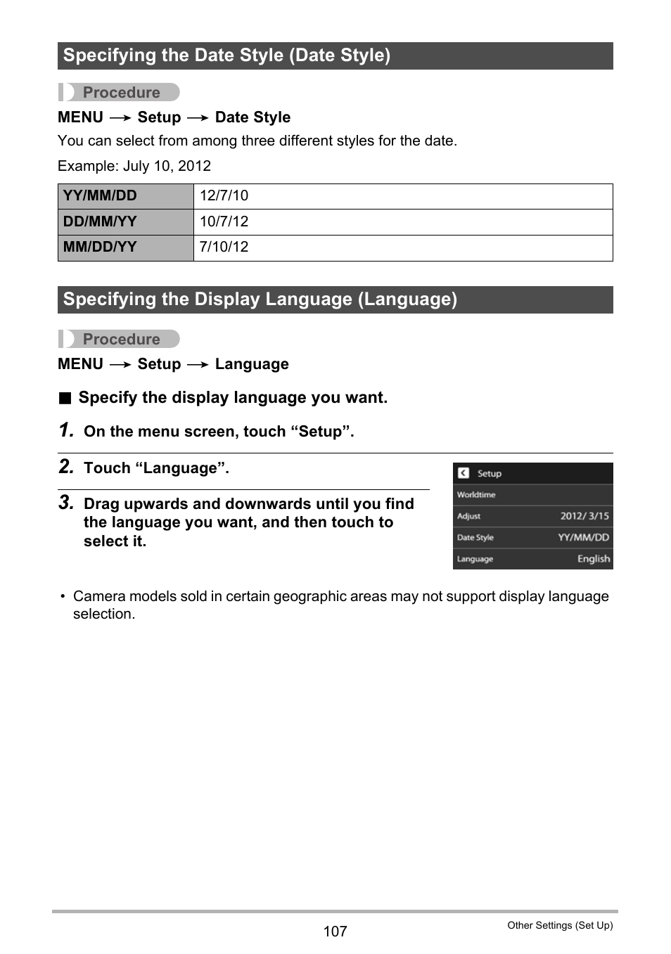 Specifying the date style (date style), Specifying the display language (language), E 107). n | E 107) | Casio EXILIM EX-Z3000 User Manual | Page 107 / 145
