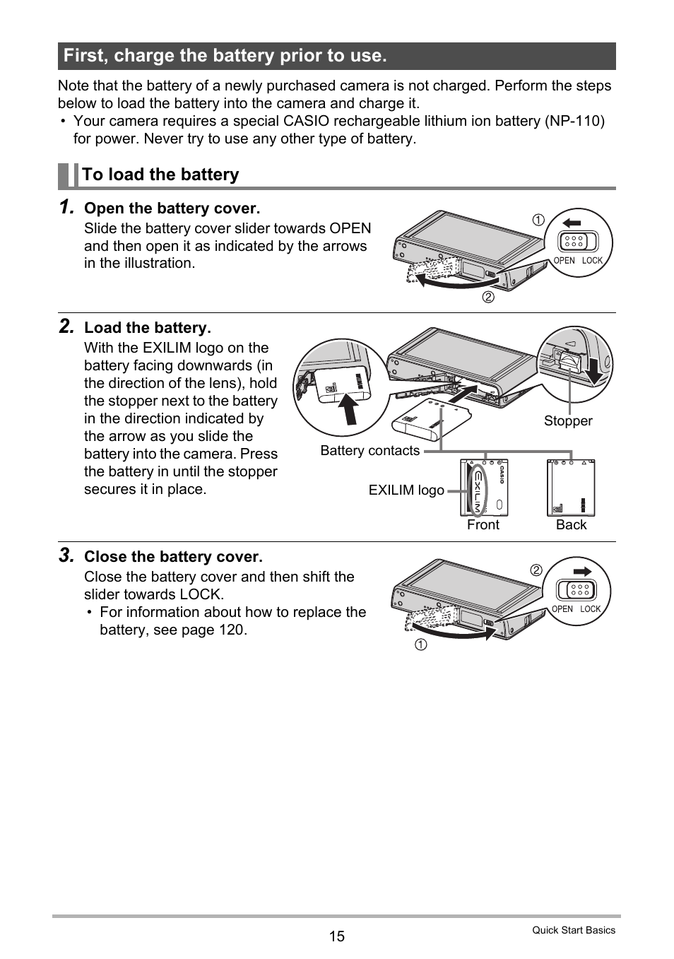 First, charge the battery prior to use, To load the battery | Casio EXILIM EX-Z3000 User Manual | Page 15 / 145