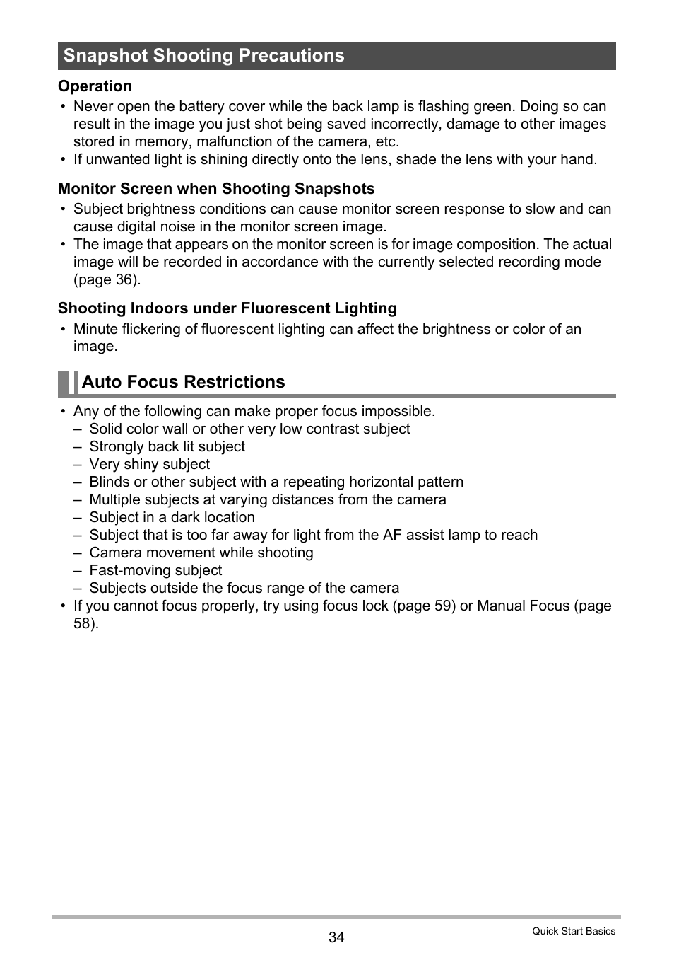 Snapshot shooting precautions, Auto focus restrictions | Casio EXILIM EX-Z3000 User Manual | Page 34 / 145