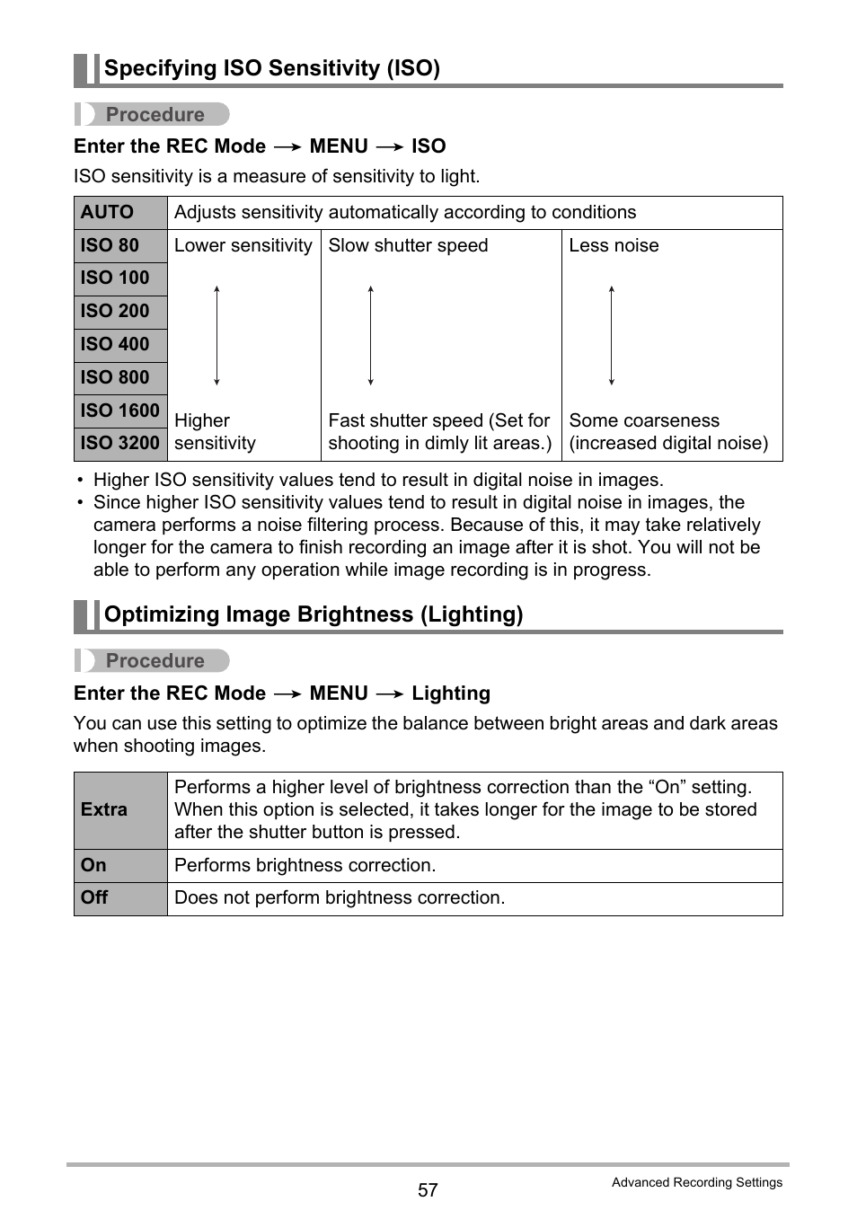 Specifying iso sensitivity (iso), Optimizing image brightness (lighting) | Casio EXILIM EX-Z3000 User Manual | Page 57 / 145
