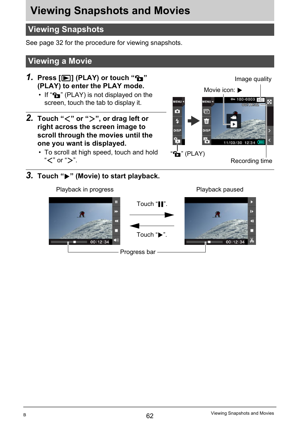 Viewing snapshots and movies, Viewing snapshots, Viewing a movie | Viewing snapshots viewing a movie, Age 62 | Casio EXILIM EX-Z3000 User Manual | Page 62 / 145