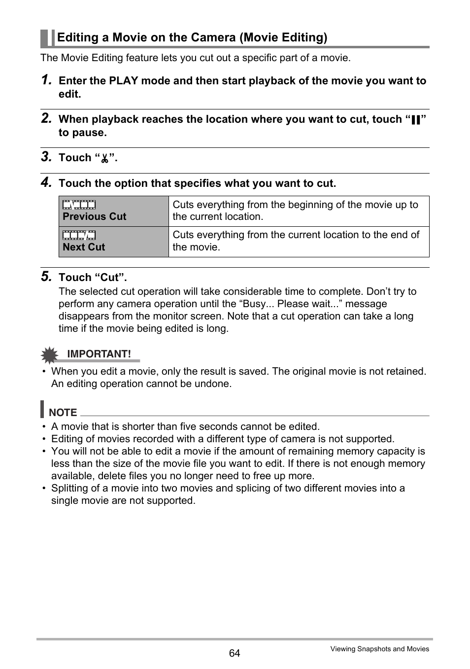 Editing a movie on the camera (movie editing) | Casio EXILIM EX-Z3000 User Manual | Page 64 / 145