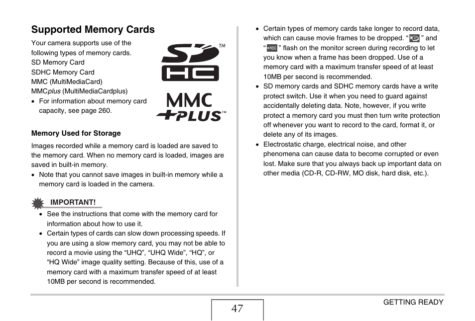 Supported memory cards | Casio EX-Z1080 User Manual | Page 47 / 267