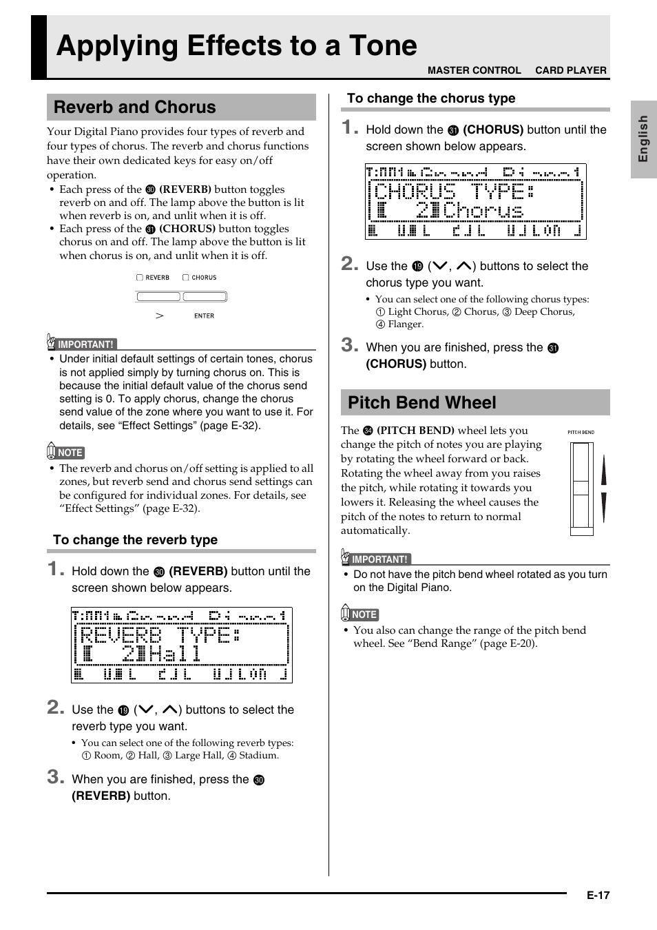 Applying effects to a tone, Reverb and chorus pitch bend wheel | Casio Privia PX3ES1A User Manual | Page 19 / 70