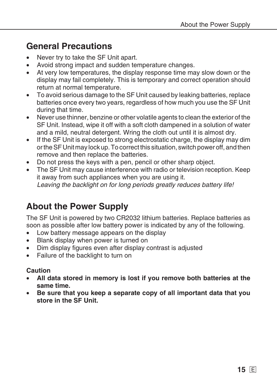 General precautions, About the power supply | Casio SF-7990 User Manual | Page 17 / 100