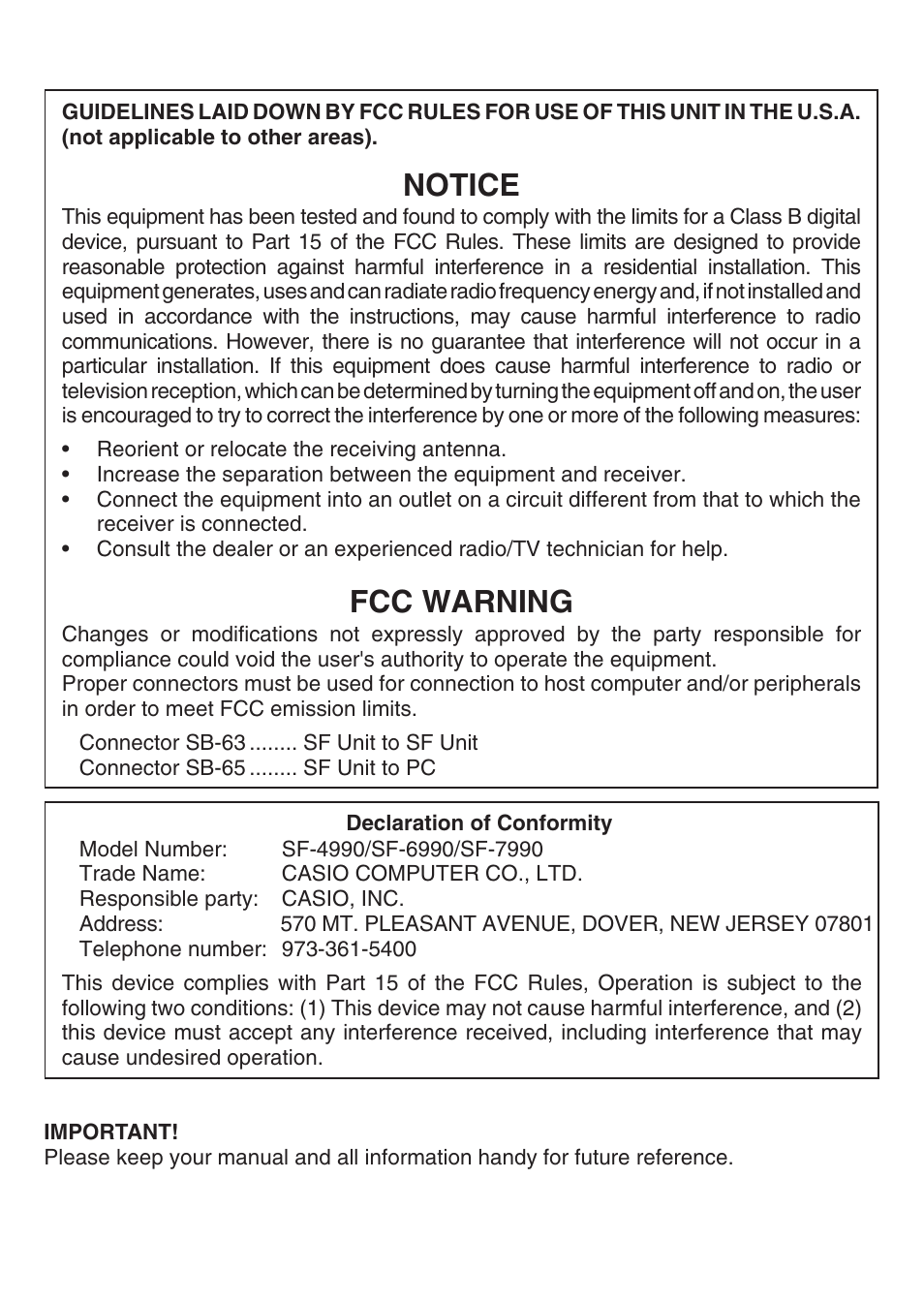 Notice, Fcc warning | Casio SF-7990 User Manual | Page 2 / 100