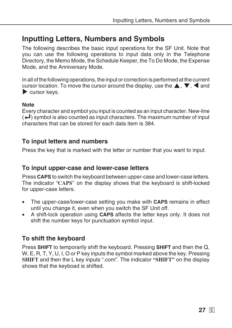 Inputting letters, numbers and symbols | Casio SF-7990 User Manual | Page 29 / 100