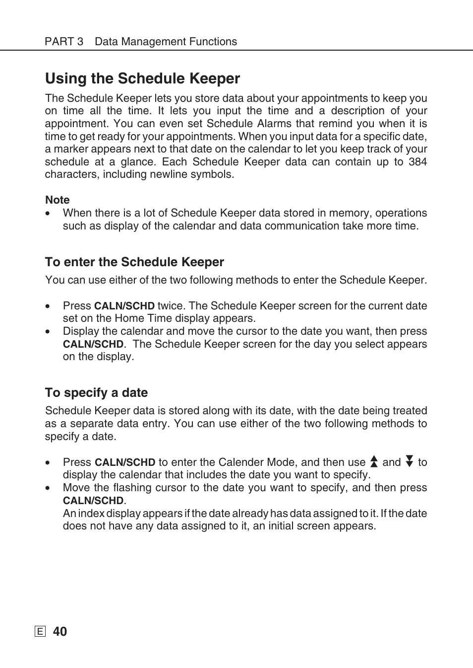 Using the schedule keeper | Casio SF-7990 User Manual | Page 42 / 100