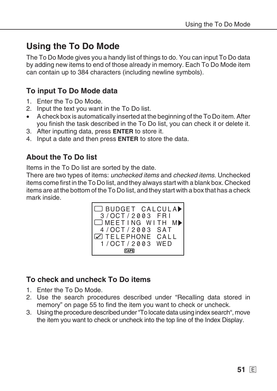 Using the to do mode | Casio SF-7990 User Manual | Page 53 / 100