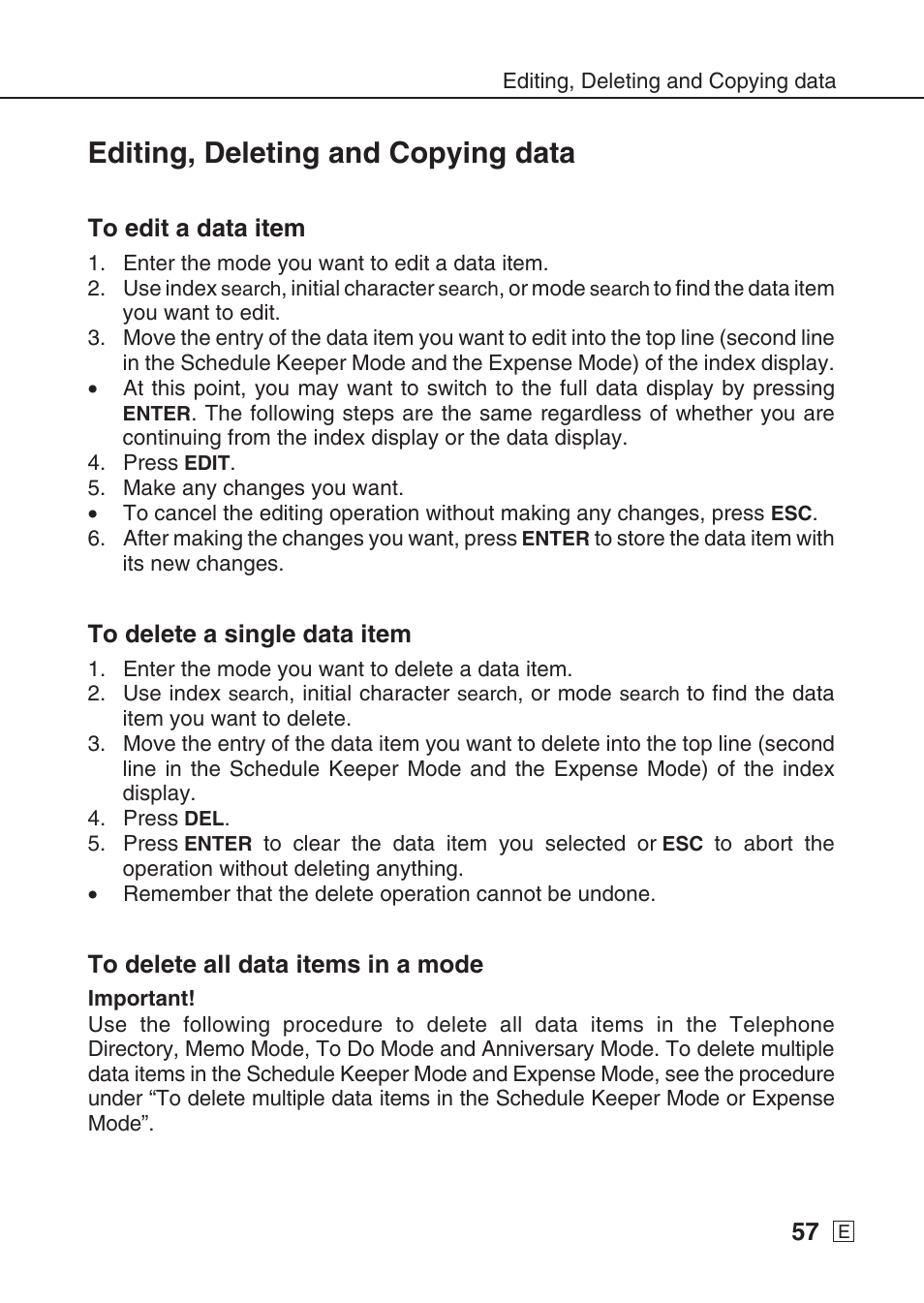 Editing, deleting and copying data | Casio SF-7990 User Manual | Page 59 / 100