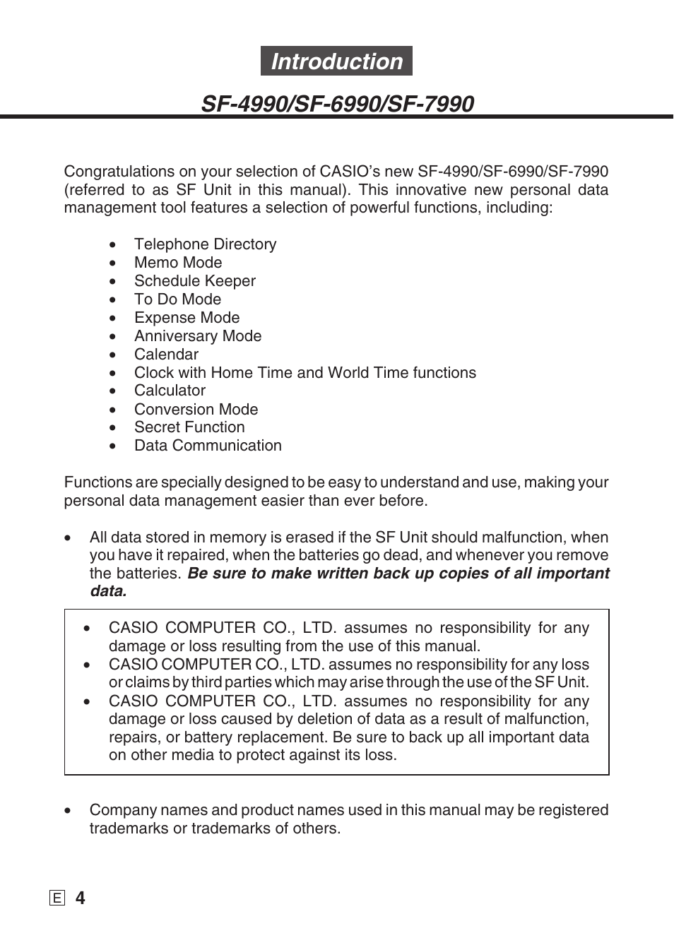 Introduction | Casio SF-7990 User Manual | Page 6 / 100