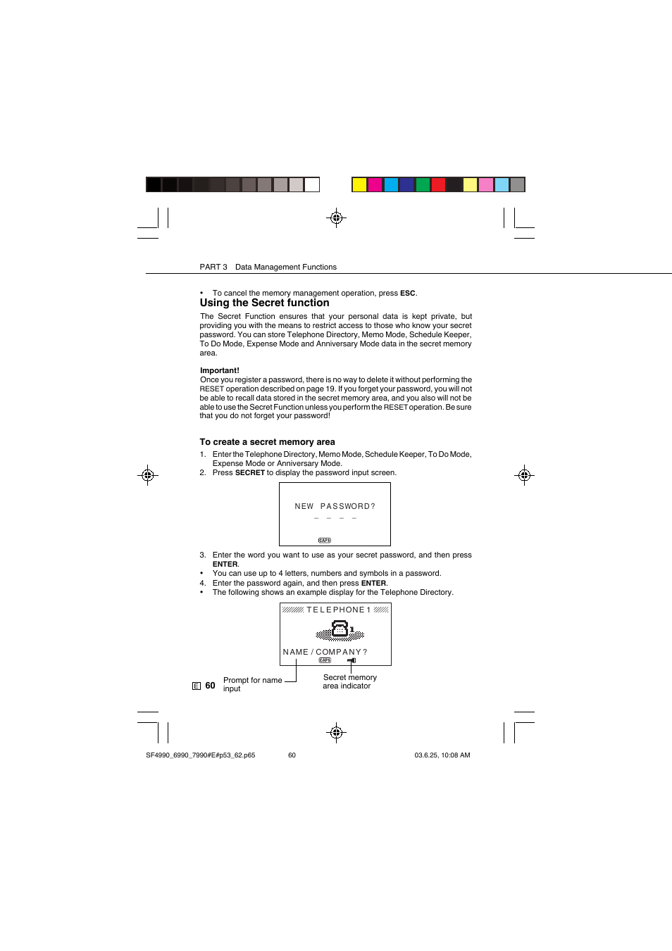 Using the secret function | Casio SF-7990 User Manual | Page 62 / 100