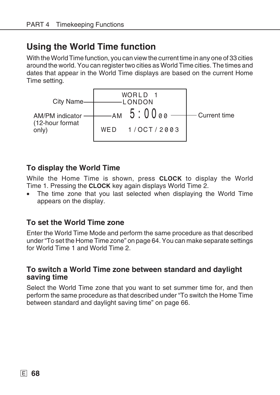 Using the world time function | Casio SF-7990 User Manual | Page 70 / 100