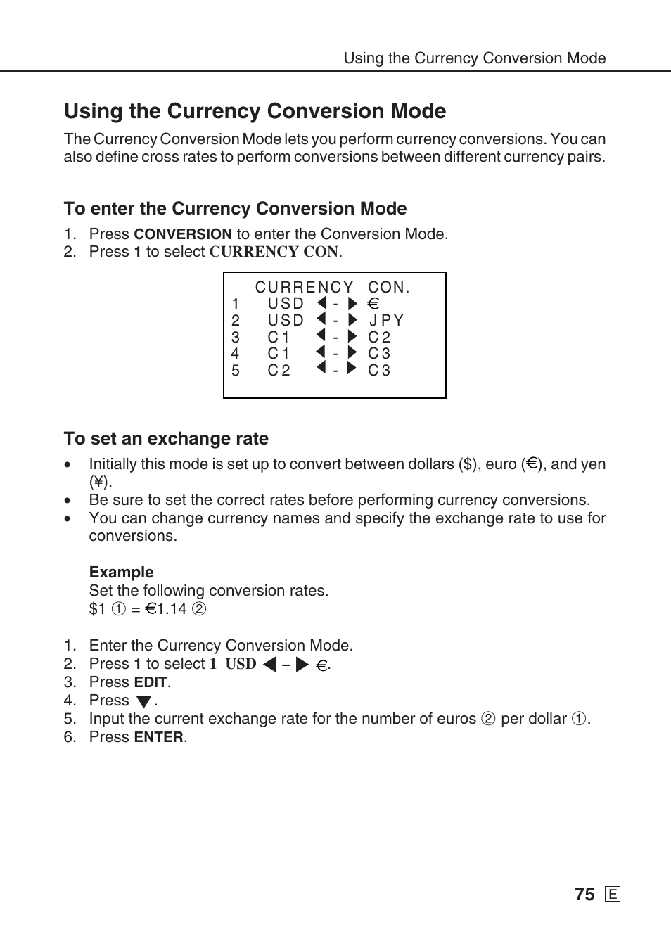 Using the currency conversion mode | Casio SF-7990 User Manual | Page 77 / 100