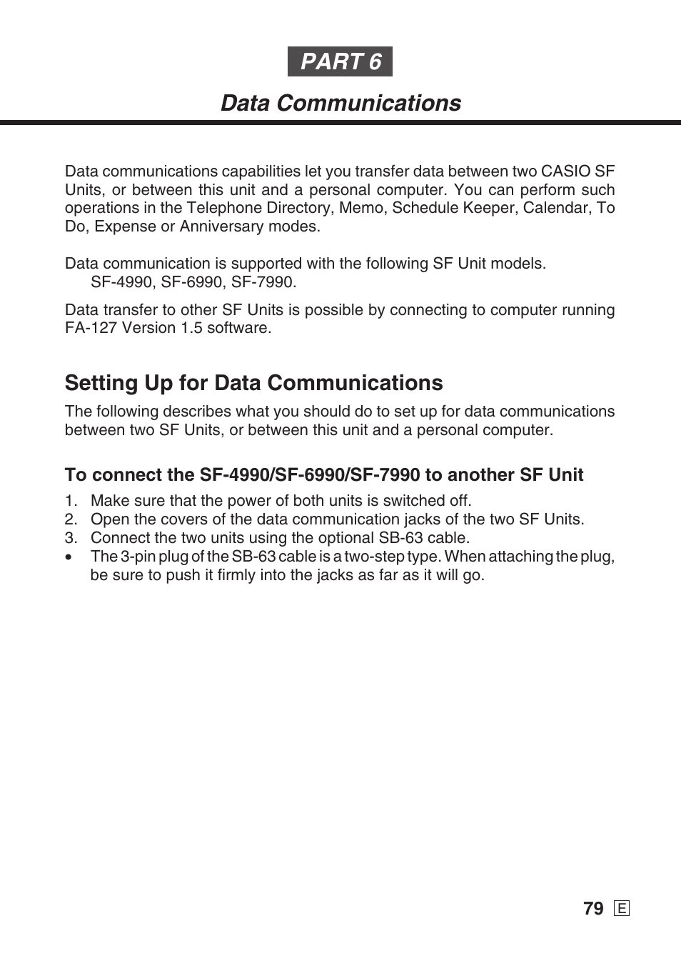 Part 6 data communications, Setting up for data communications | Casio SF-7990 User Manual | Page 81 / 100