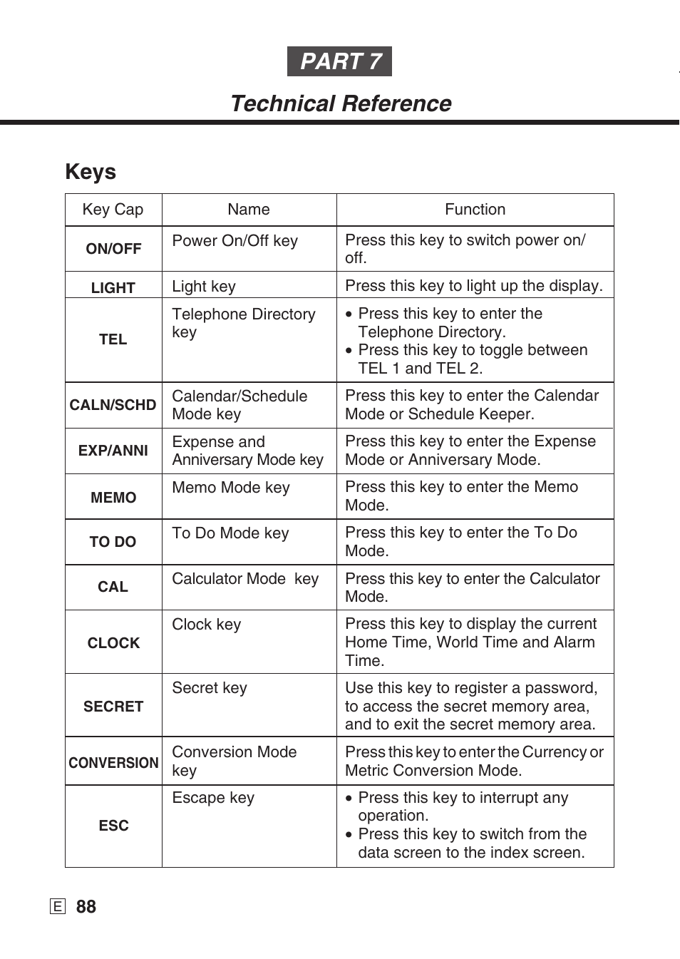 Part 7 technical reference, Keys | Casio SF-7990 User Manual | Page 90 / 100