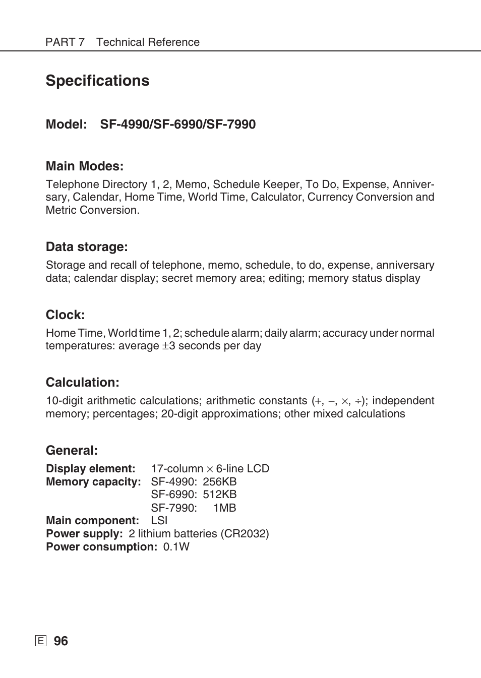 Specifications | Casio SF-7990 User Manual | Page 98 / 100