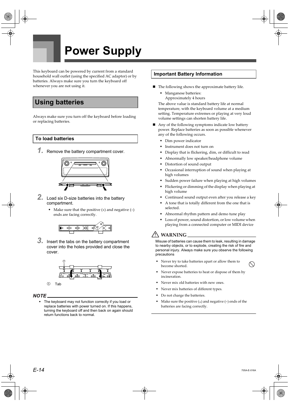 Power supply, Using batteries | Casio CTK-691 User Manual | Page 16 / 122