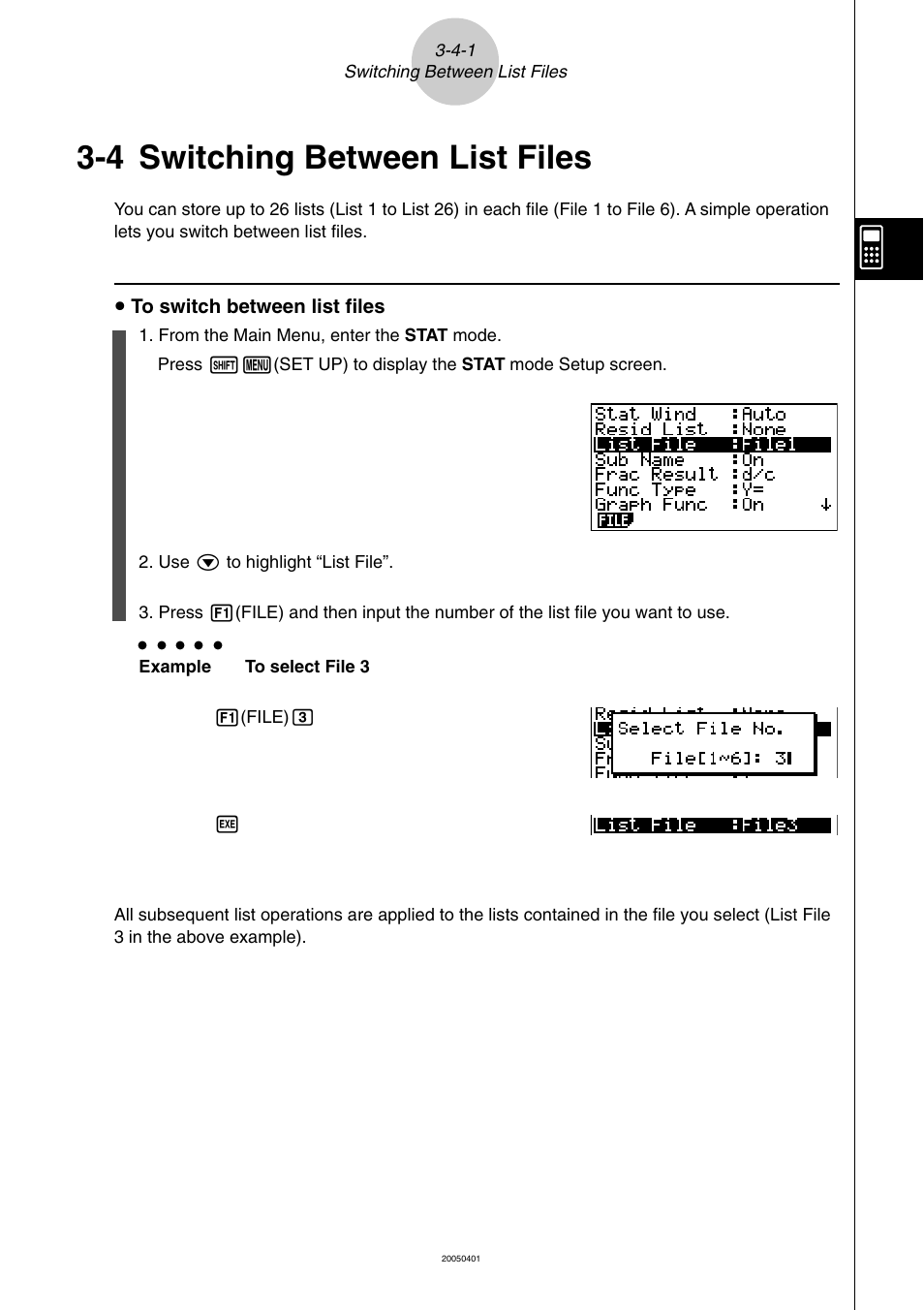 4 switching between list files, Switching between list files -4-1, Switching between list files | Casio fx-9860G SD User Manual | Page 162 / 596
