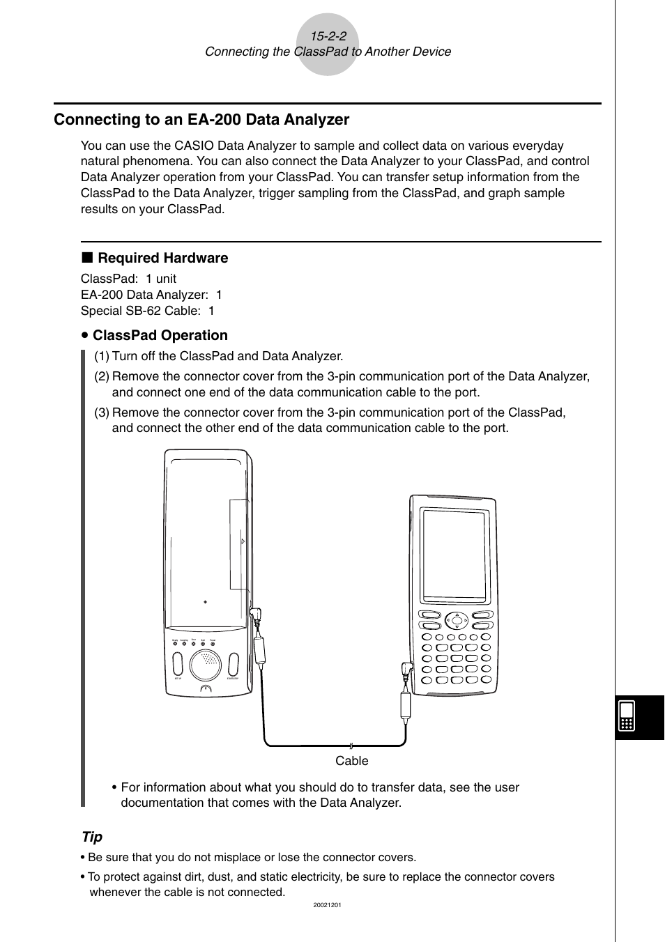Connecting to an ea-200 data analyzer -2-2, Connecting to an ea-200 data analyzer, K required hardware | U classpad operation, 2-2 connecting the classpad to another device, Cable | Casio ClassPad 300 User Manual | Page 622 / 670