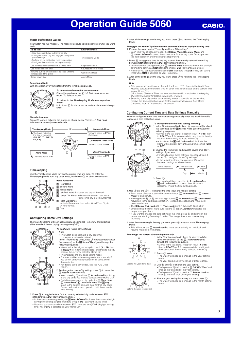 Mode reference guide, Timekeeping, Configuring home city settings | Operation guide 5060 | Casio 5060 User Manual | Page 3 / 6