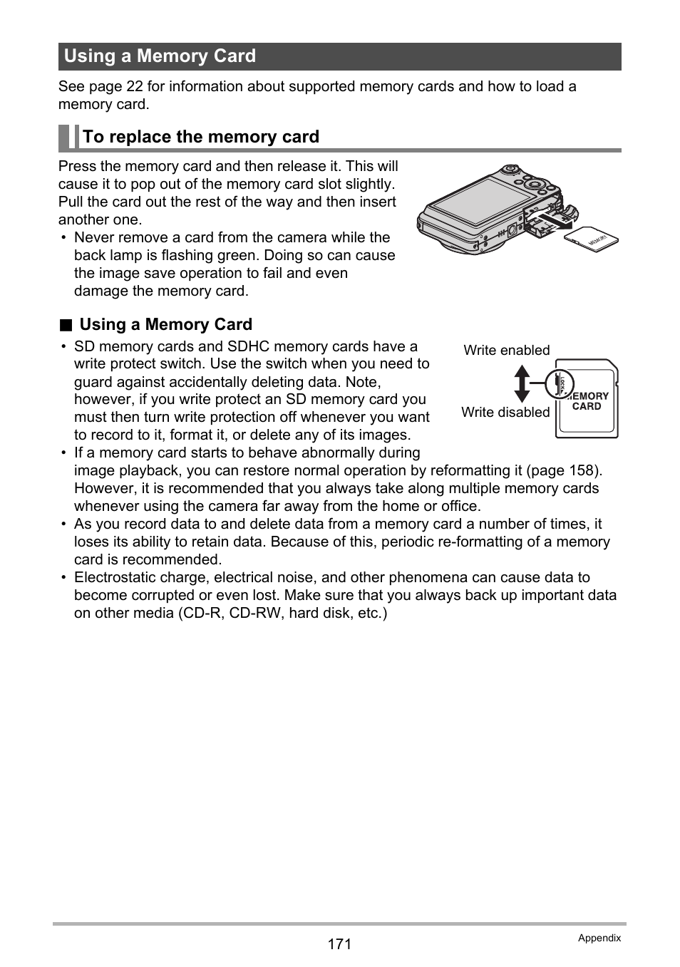 Using a memory card, To replace the memory card | Casio EX-FC100 User Manual | Page 171 / 191