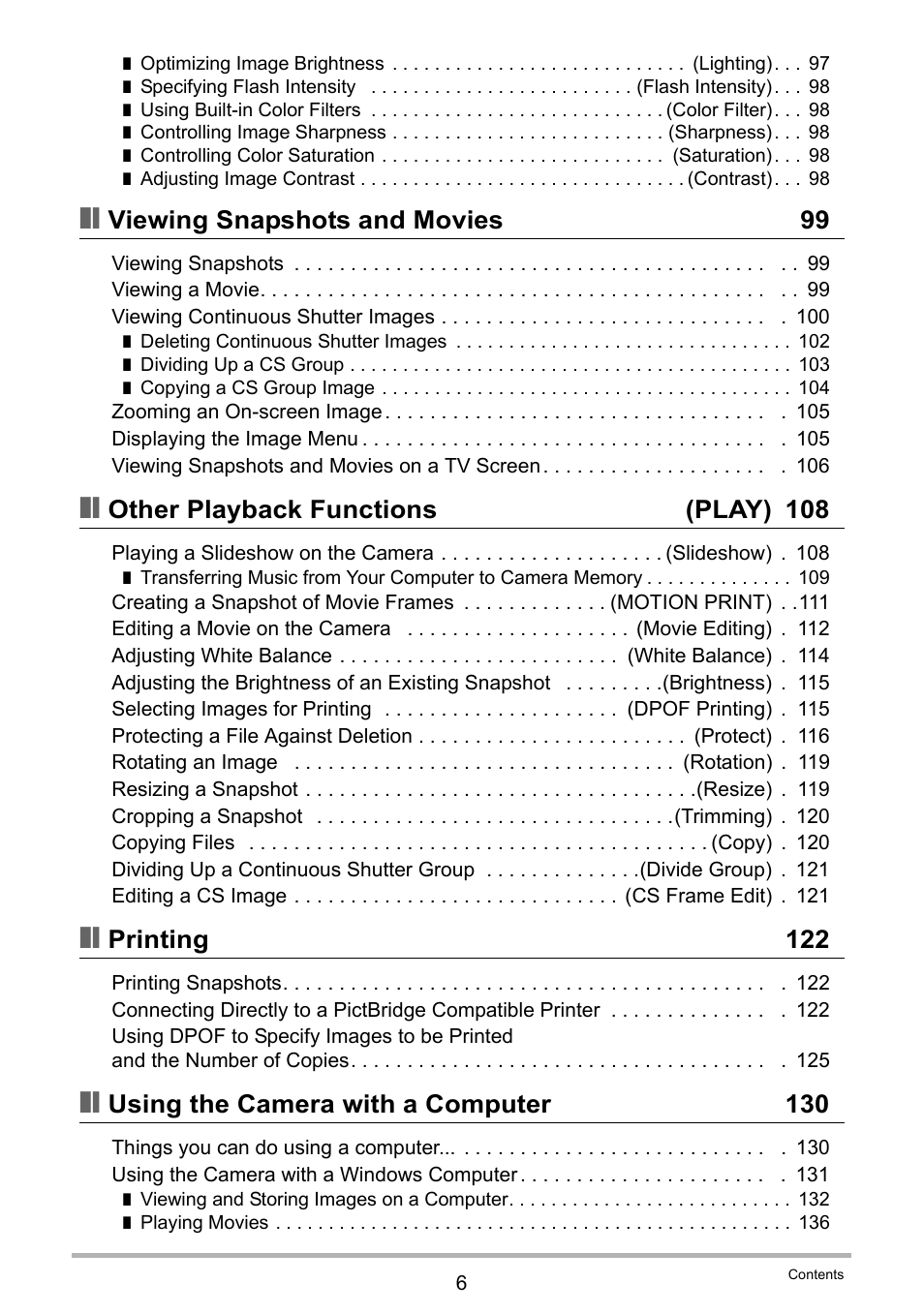Viewing snapshots and movies 99, Other playback functions (play) 108, Printing 122 | Using the camera with a computer 130 | Casio EX-FC100 User Manual | Page 6 / 191