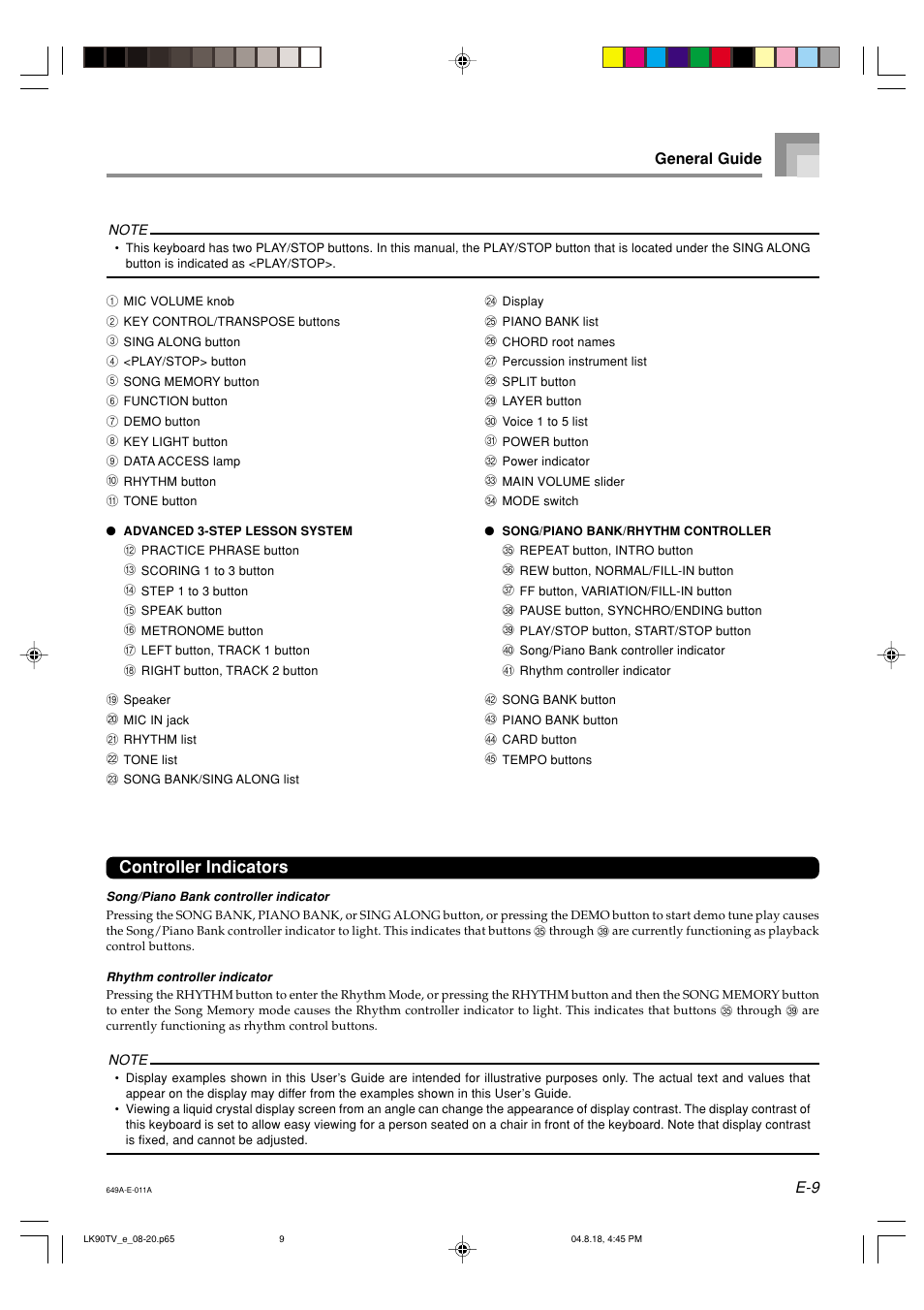 Controller indicators, E-9 general guide | Casio LK92TV User Manual | Page 11 / 81